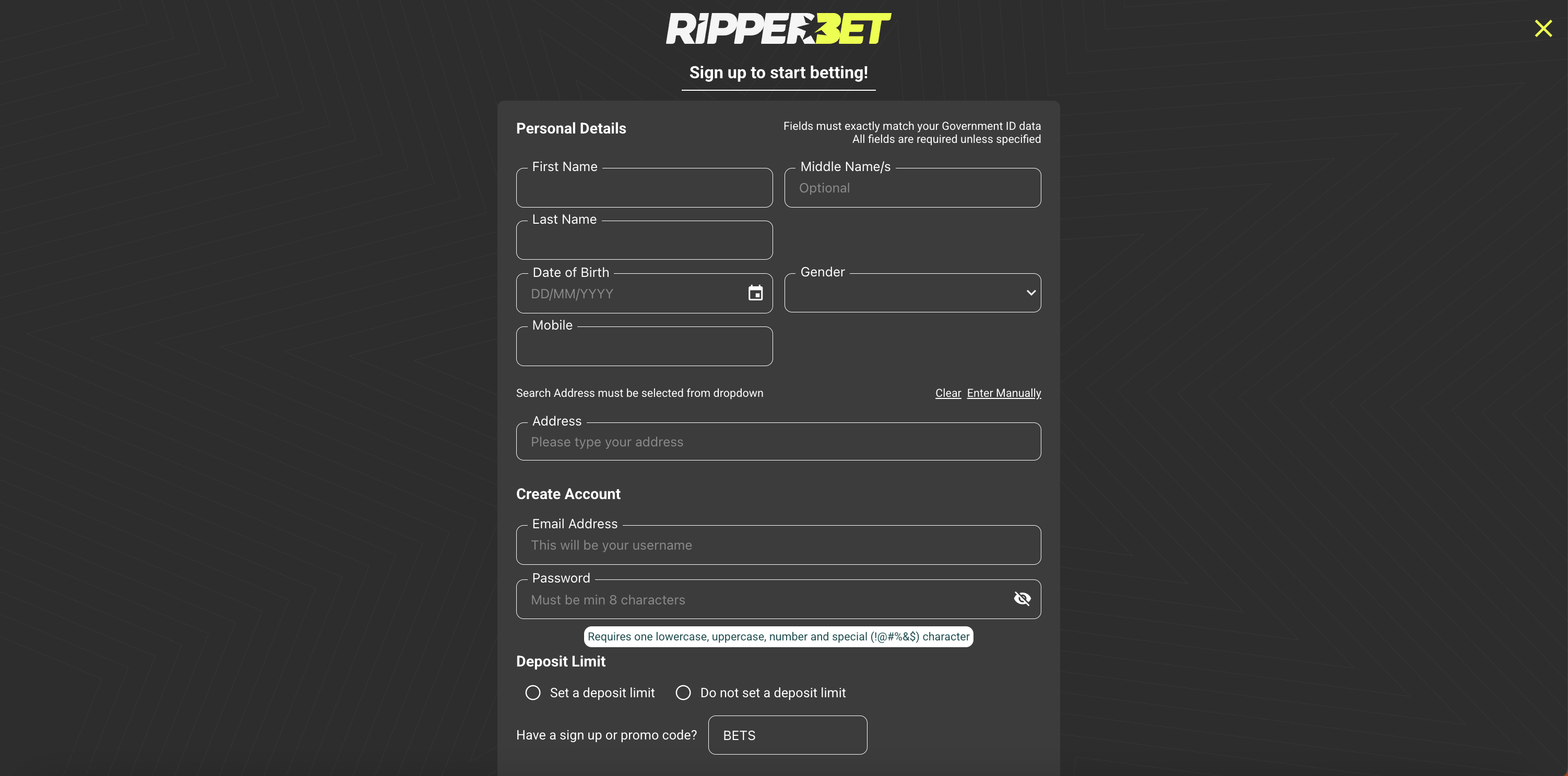 RipperBet Sign Up